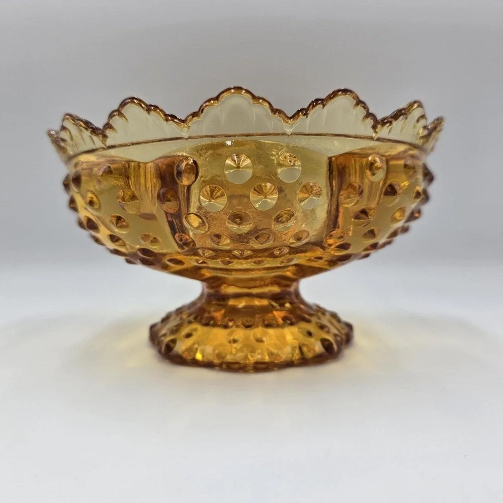 VTG Fenton Amber Hobnail Footed Glass Candle Holder Bowl Pat 3547569 MCM